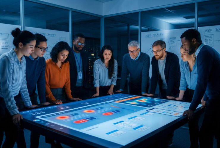 A diverse team of digital strategists gathering around a large, glowing interactive touch-table displaying website user behavior heatmaps, conversion data analytics, and user flow charts in a modern, dark-themed studio with user journey whiteboards in the background.