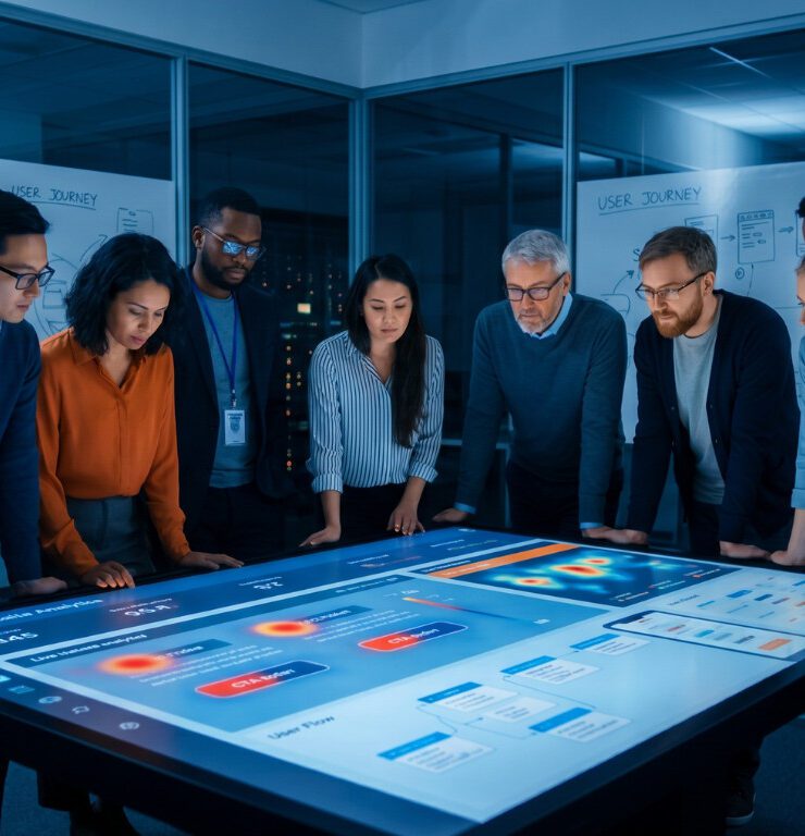 A diverse team of digital strategists gathering around a large, glowing interactive touch-table displaying website user behavior heatmaps, conversion data analytics, and user flow charts in a modern, dark-themed studio with user journey whiteboards in the background.
