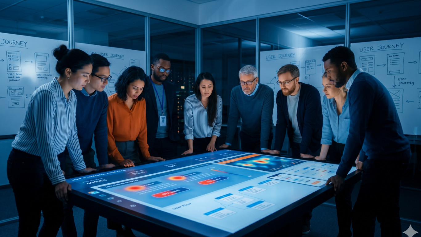 A diverse team of digital strategists gathering around a large, glowing interactive touch-table displaying website user behavior heatmaps, conversion data analytics, and user flow charts in a modern, dark-themed studio with user journey whiteboards in the background.