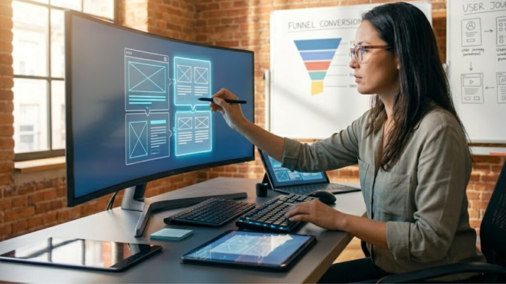 A female web professional working at an organized desk in an industrial brick office, using a stylus to modify glowing blue website wireframe modules on a wide curved monitor, with a conversion funnel chart visible in the background.
