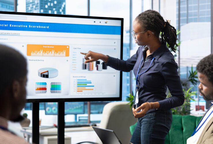 A professional woman presenting a financial executive Online Reputation Management scoreboard dashboard to colleagues in a modern boardroom, pointing at revenue and cash flow charts on a large screen illustrating a data-driven business performance review and strategic decision-making.