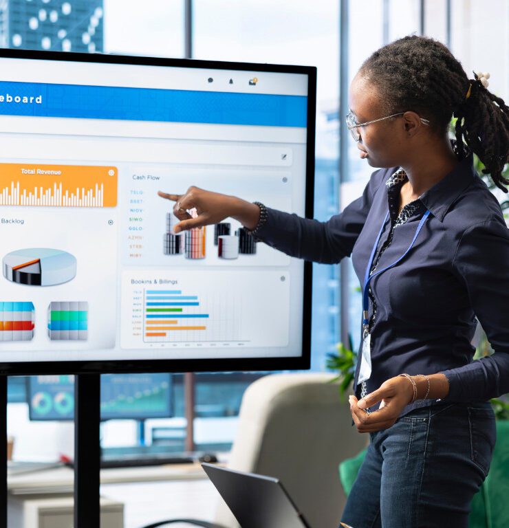A professional woman presenting a financial executive Online Reputation Management scoreboard dashboard to colleagues in a modern boardroom, pointing at revenue and cash flow charts on a large screen illustrating a data-driven business performance review and strategic decision-making.
