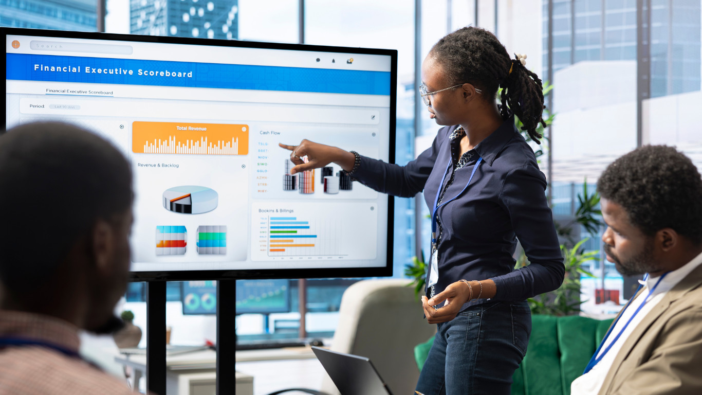 A professional woman presenting a financial executive Online Reputation Management scoreboard dashboard to colleagues in a modern boardroom, pointing at revenue and cash flow charts on a large screen illustrating a data-driven business performance review and strategic decision-making.